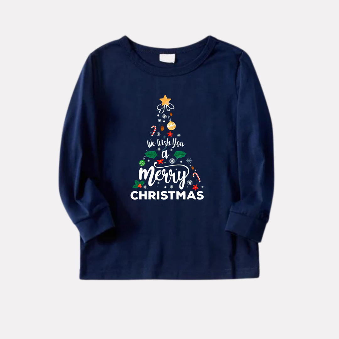 Drune | "Wir wünschen Ihnen einen frohen Weihnachten" bedrucktes blaues Longsleeve-Oberteil mit blauen und roten karierter Paarpassenden Pyjamas