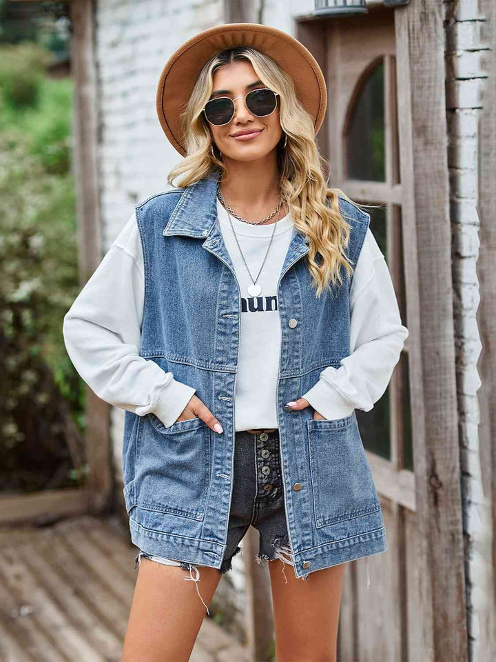 Drune | Knopf-Front Ärmellose Jeansjacke