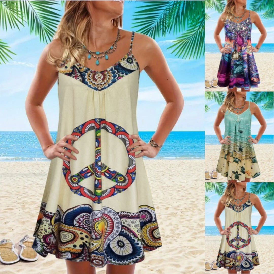 Drune | Bedrucktes lockeres Strandkleid mit ärmellosen Trägern