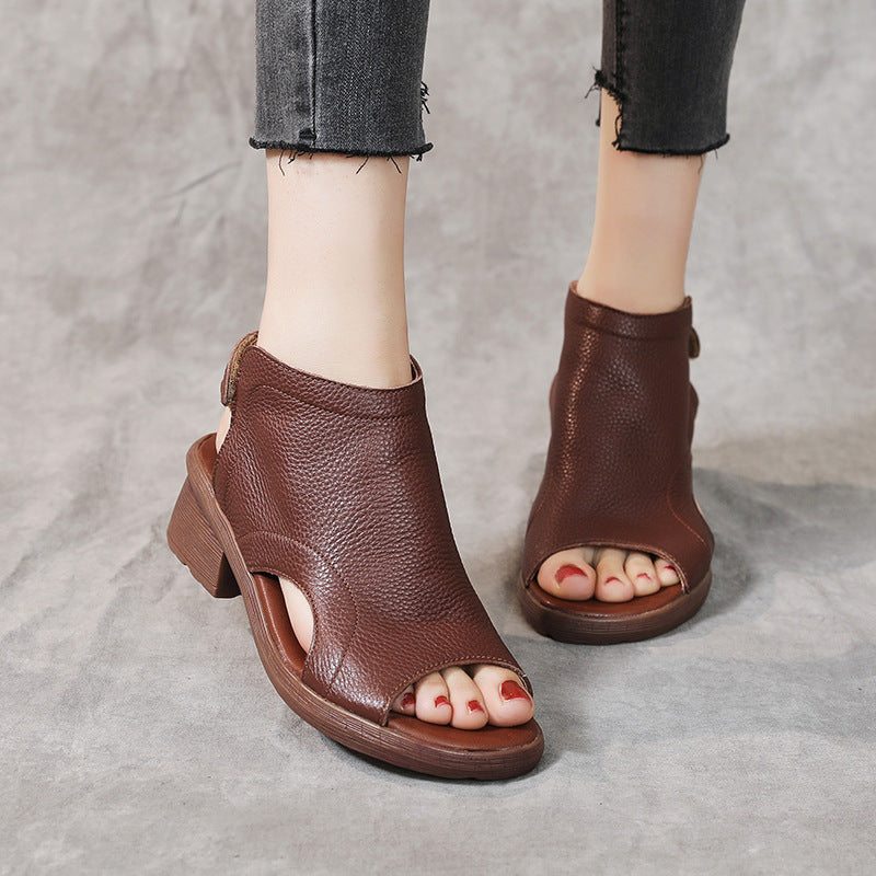 Drune | Echtes Leder Retro Künstlerische Damen Sandalen Mittelhoch Weiche Sohle