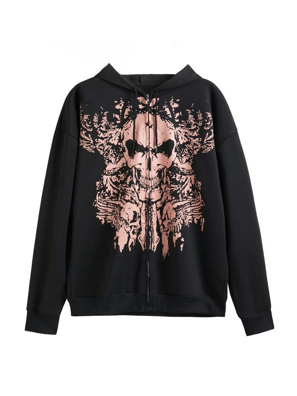 Drune | vintage Schädelprint oversized Hoodie mit Reißverschluss