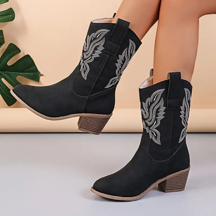 Drune | Vintage Western Cowboy-Stiefel mit V-Ausschnitt-Stickerei und Blockabsatz