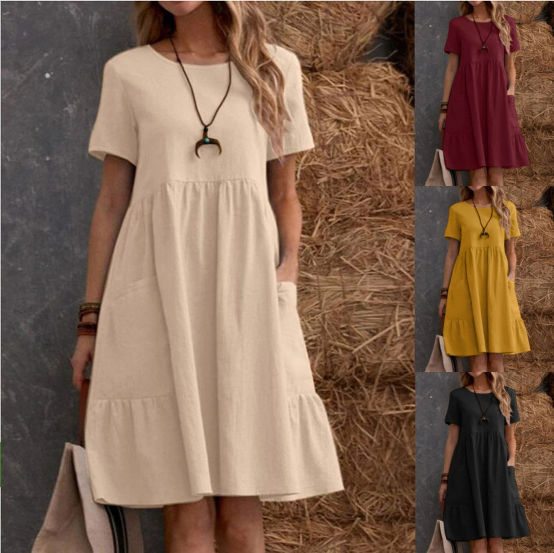 Drune | Lose Tasche einfarbig Rundhalsausschnitt Kleid
