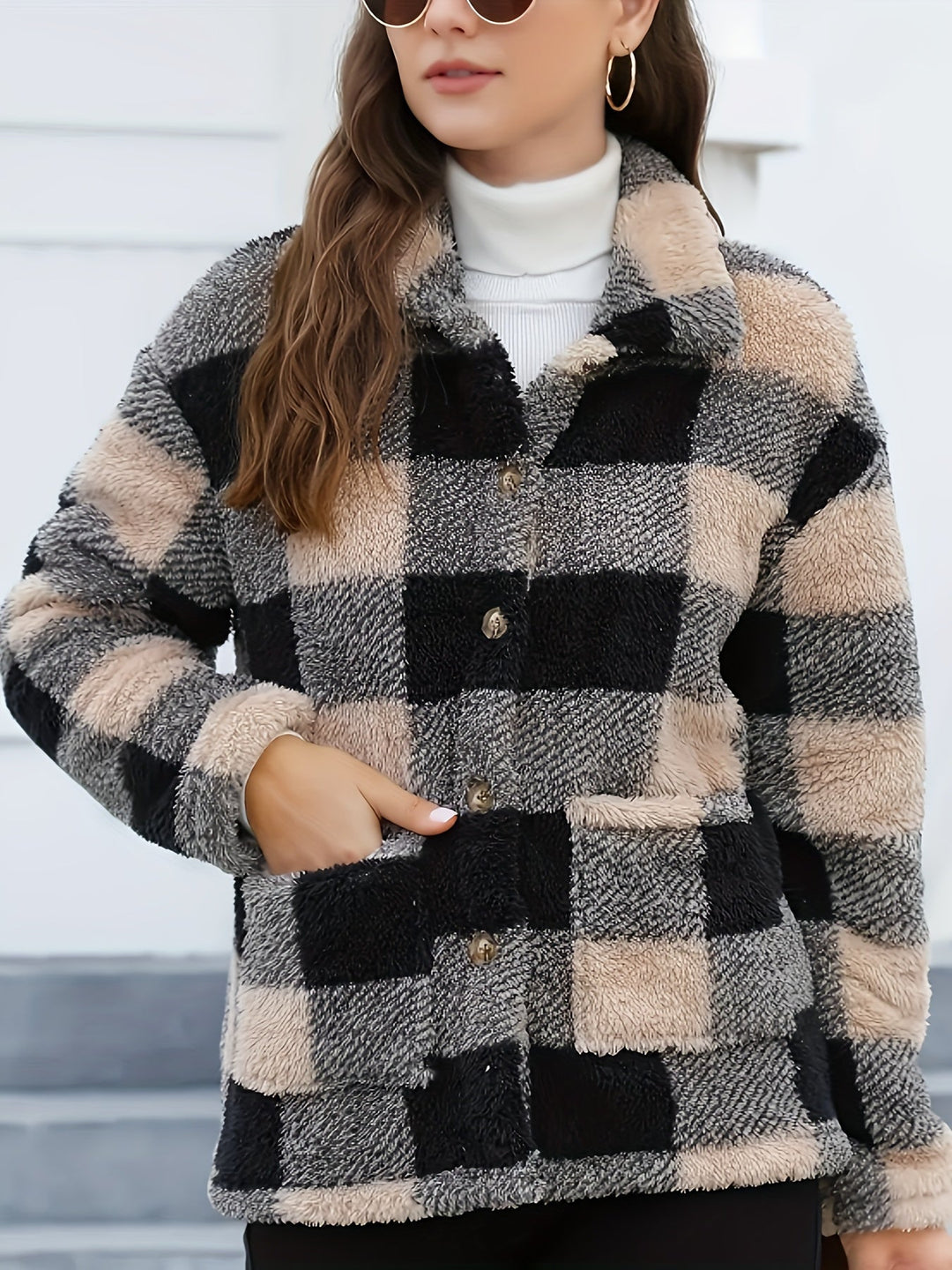 Drune | Gitter Teddyjacke mit Knöpfen und Taschen Polyester Warm und Stilvoll