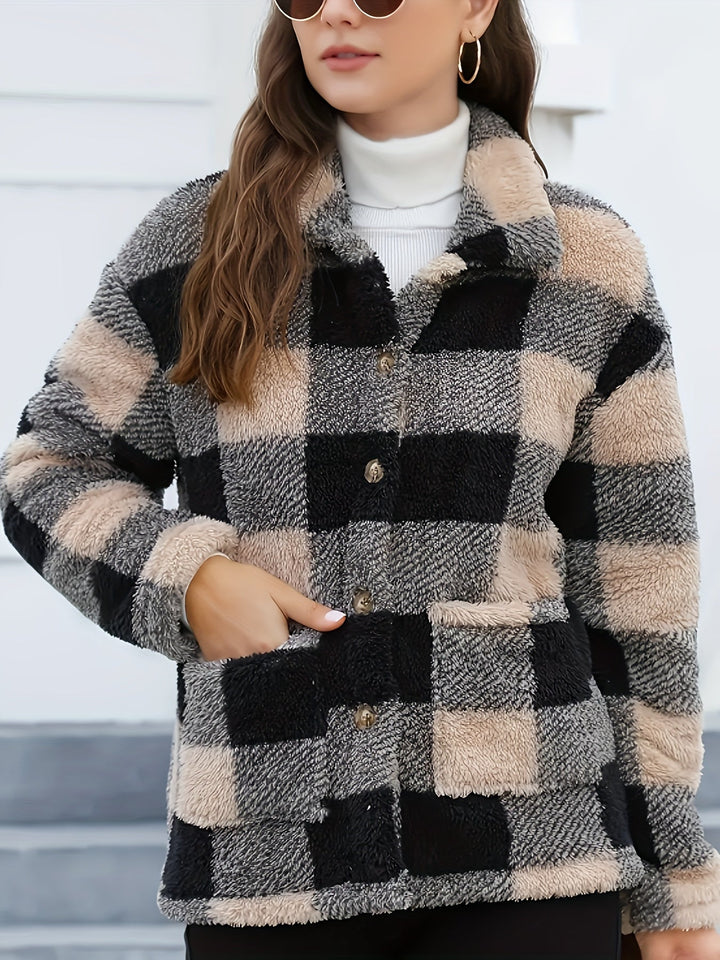 Drune | Gitter Teddyjacke mit Knöpfen und Taschen Polyester Warm und Stilvoll