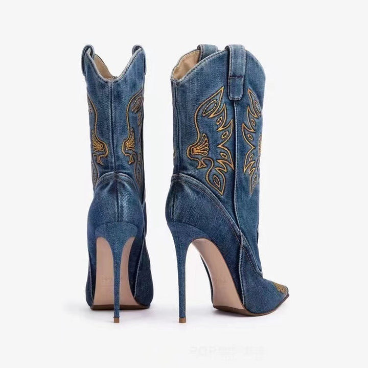 Drune | Damenmode Western Denim Stil High Heels Stiefel