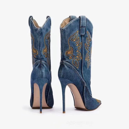 Drune | Damenmode Western Denim Stil High Heels Stiefel