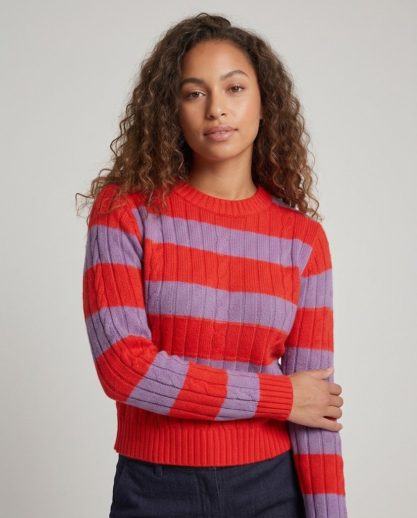 Damen Gestreifter gerippter Cropped-Pullover mit Rundhalsausschnitt Drune