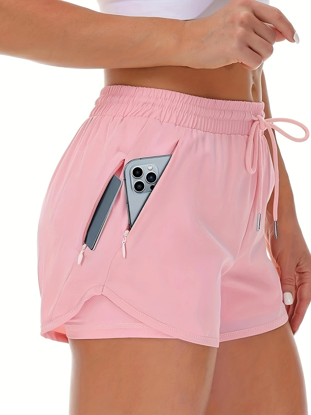Drune | Sportliche 2 in 1 Lauf Fitnessshorts in Einfarbig Mit Mehreren Taschen