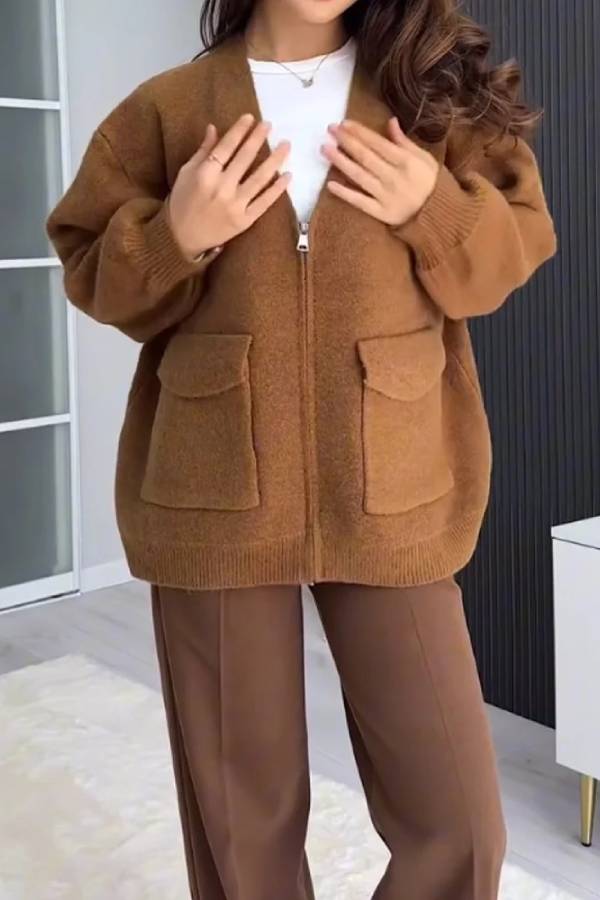 Drune | Farbe Vielseitiger V-Ausschnitt Taschenpullover Jacke