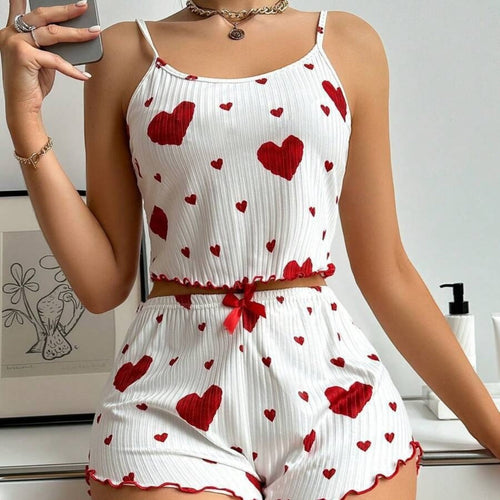 Drune | Liebe Bedruckte Hosenträger Shorts Pyjama Set