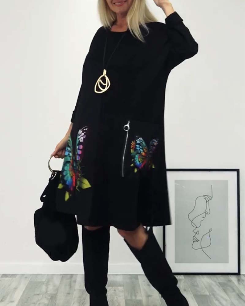 Drune | Kleid mit Schmetterlings Print und Tasche