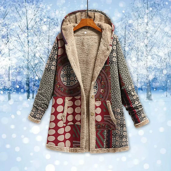 Drune | Fleecejacke Lockere Passform Patchwork Lange Länge mit Kapuze und Taschen