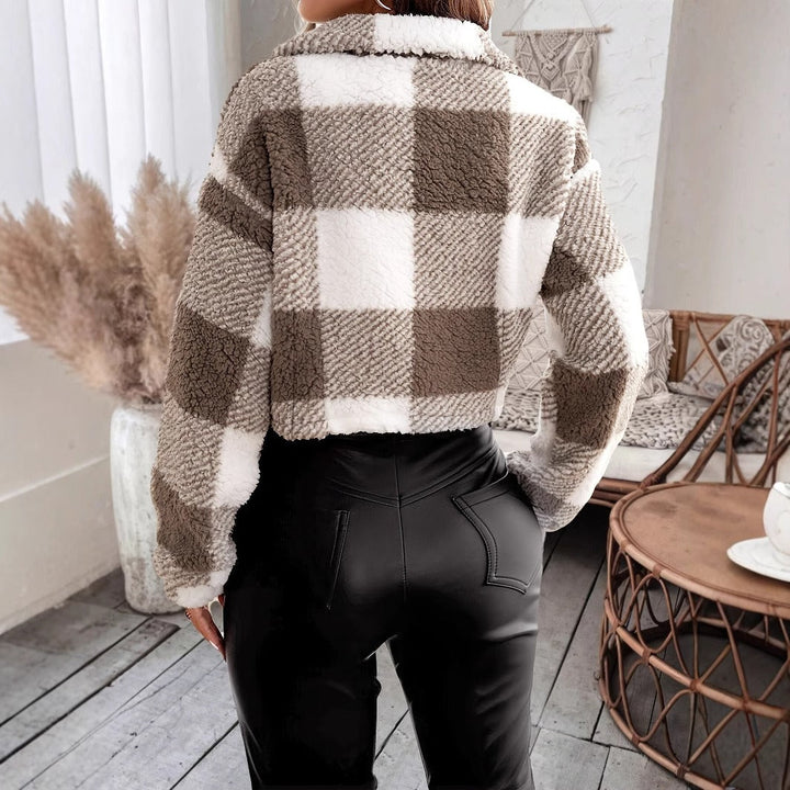 Drune | Teddy-Fleece-Cropped-Jacke mit Karomuster
