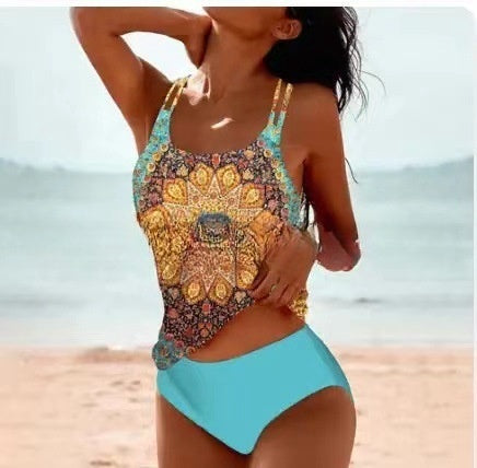 Drune | Retro Hochgeschnittenes Bikini mit Stranddruck
