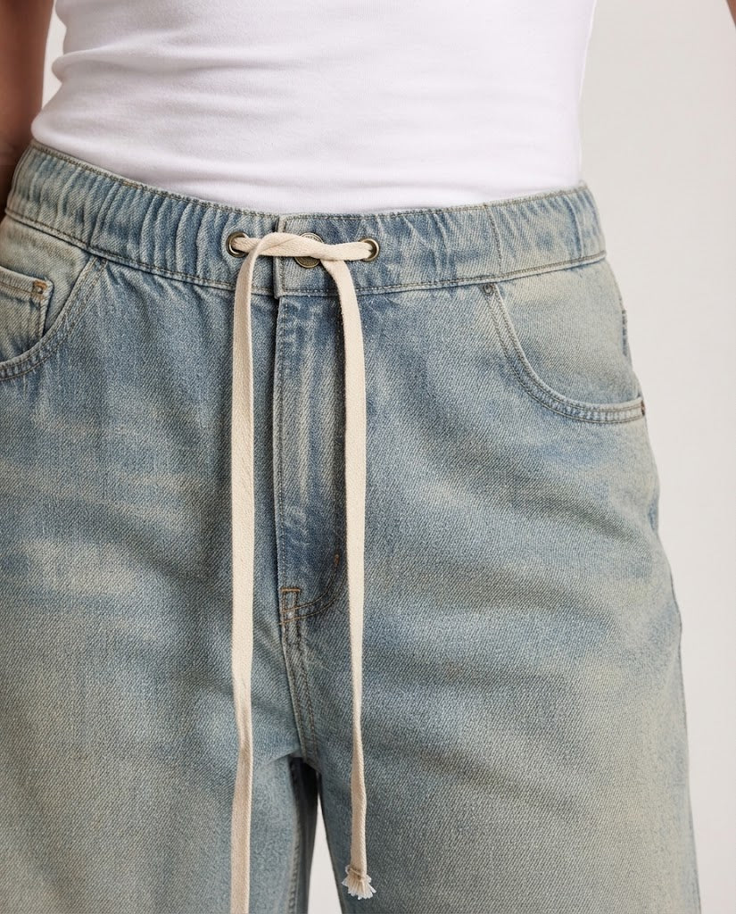 Damen Extraweite Denim-Hose mit lässigem Tunnelzugbund und gerolltem Saum Drune