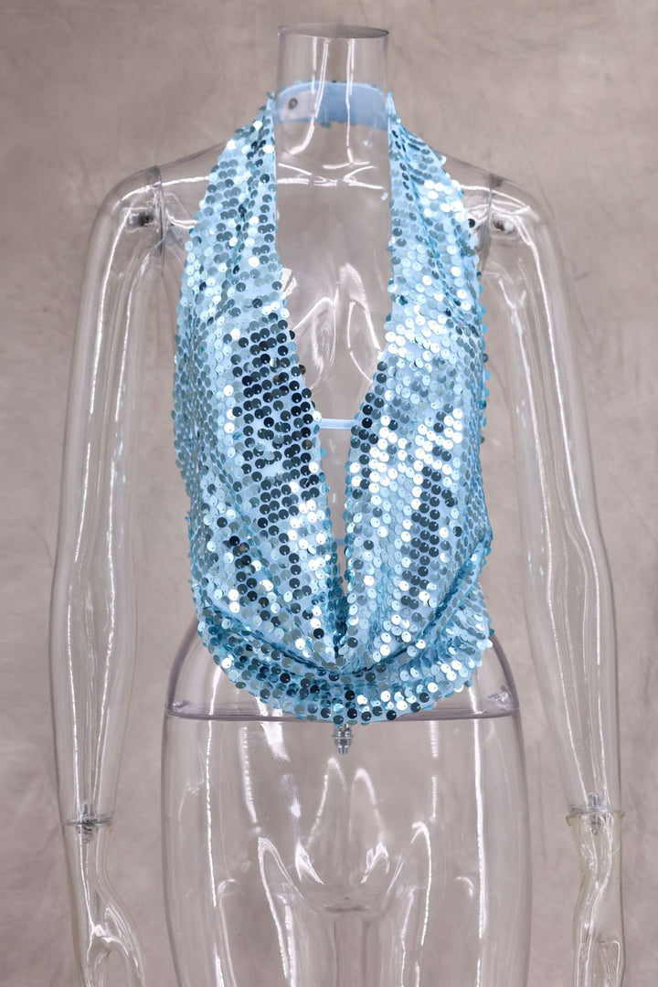Drune | Tiefer V-Ausschnitt mit Pailletten, sexy Neckholder-Kleid