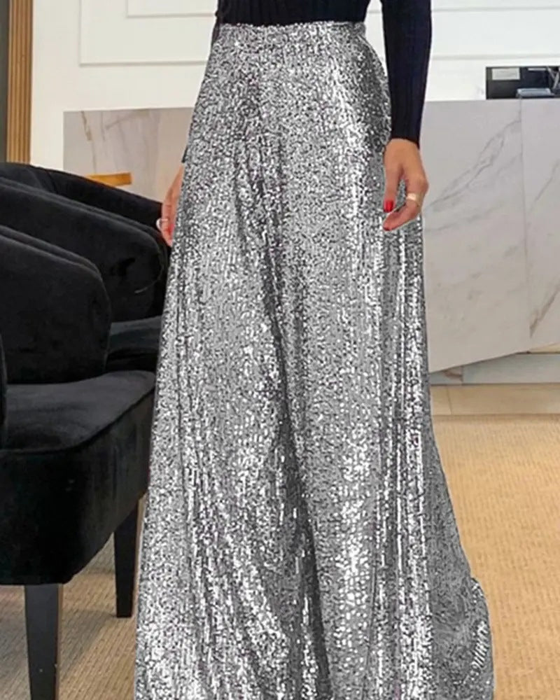 Drune | Taillierte Paillettenbesatzzte Hose mit Weitem Bein