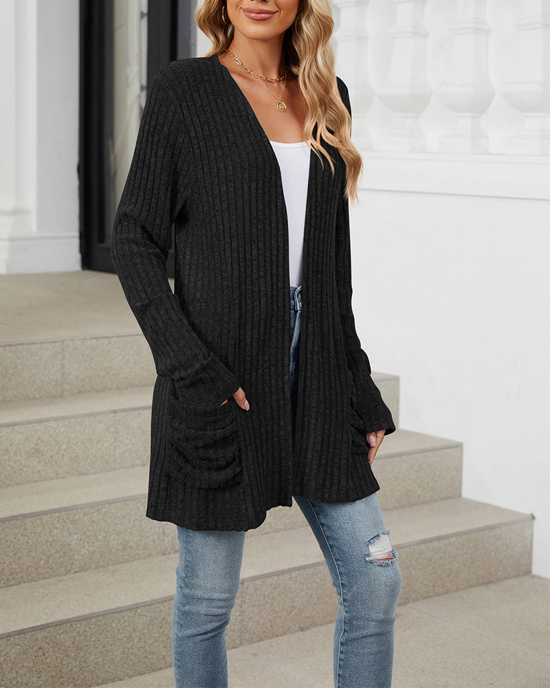 Drune | Lässiger Einfarbiger Cardigan mit Langen Ärmeln und Tasche