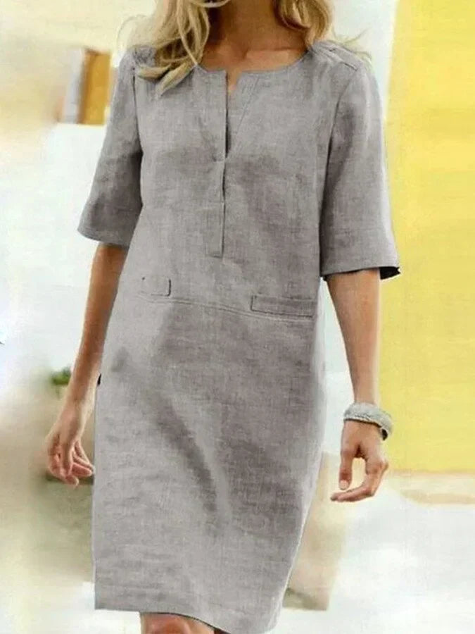 Drune | Damen Kurzarm Baumwolle und Leinen Kleid