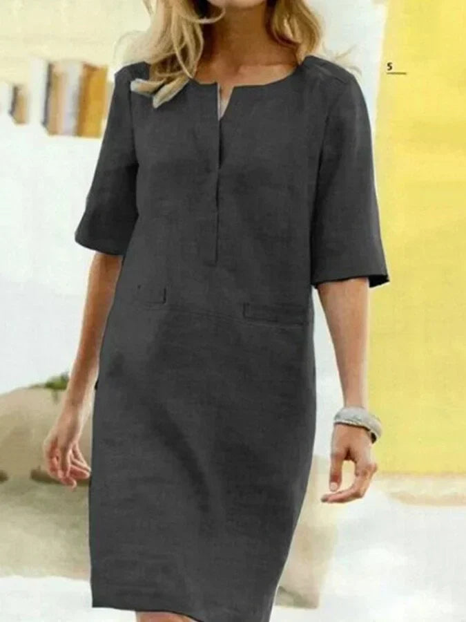 Drune | Damen Kurzarm Baumwolle und Leinen Kleid