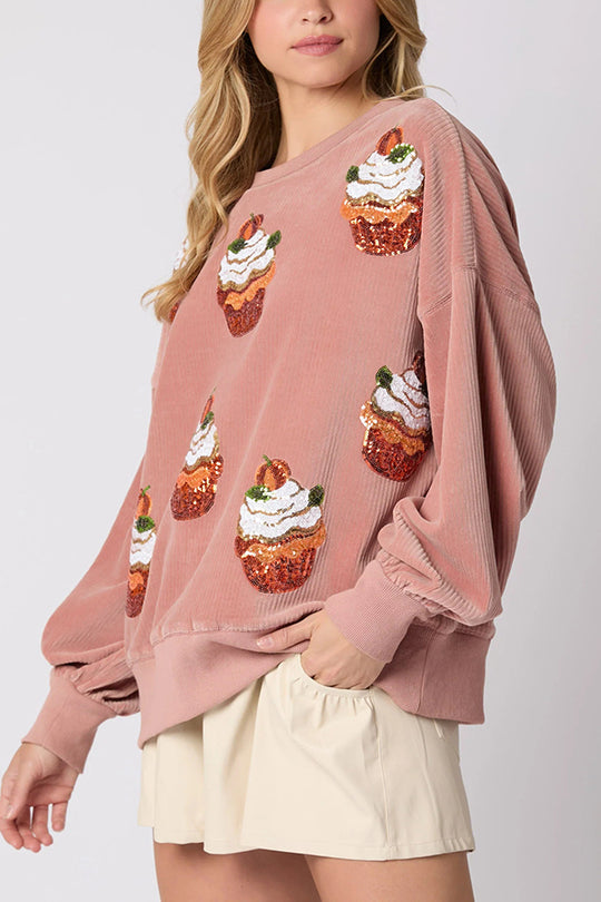 Drune | Weihnachts-Pumpkin-Kuchen Pailletten Rundhals lockeres Sweatshirt