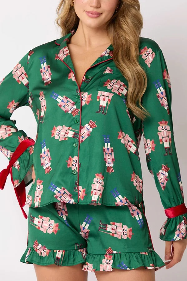 Drune | Weihnachten Mode Gedruckte Fliege Oberteil und Elastischer Taillen Rüschenshorts Set