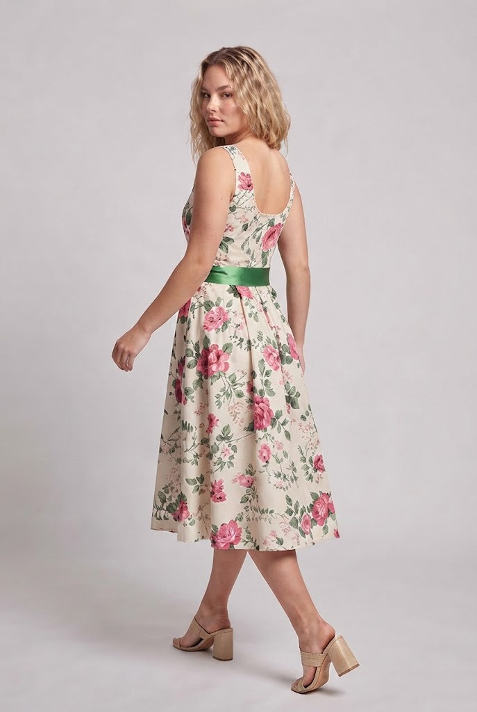 Damen A-Linien Kleid mit floralem Muster und Taillengürtel Drune