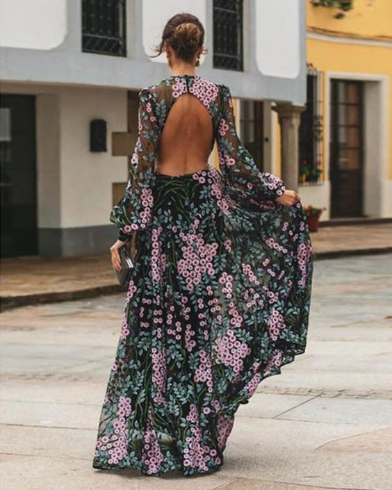 Drune | Vintage Floral Rückenfreies Maxikleid