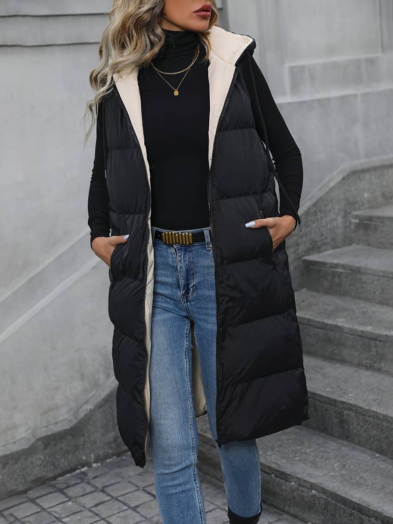 Drune | Damen Lange Weste Mit Kapuze Und Reißverschluss