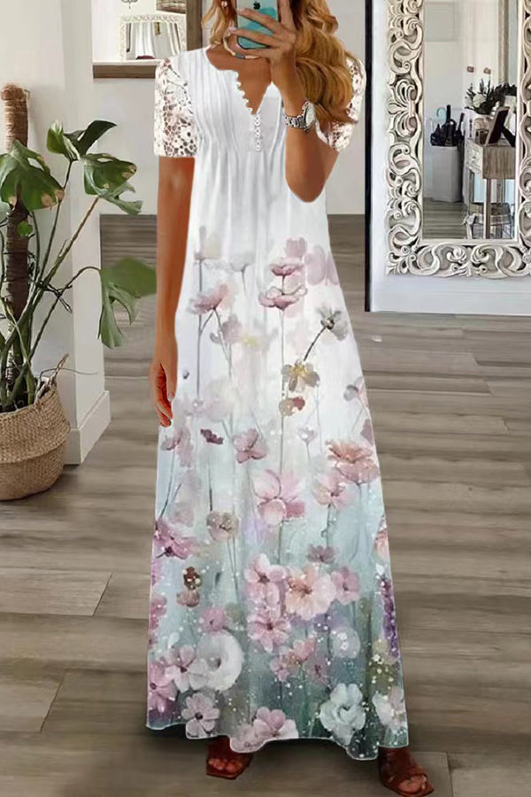 Drune | Boho Floral V-Ausschnitt Knopf Spitzenärmel Ferien Strand Maxikleid