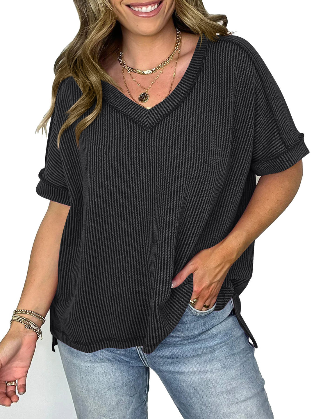 Drune | Cord-Ripp V-Ausschnitt Kurzarm T-Shirt