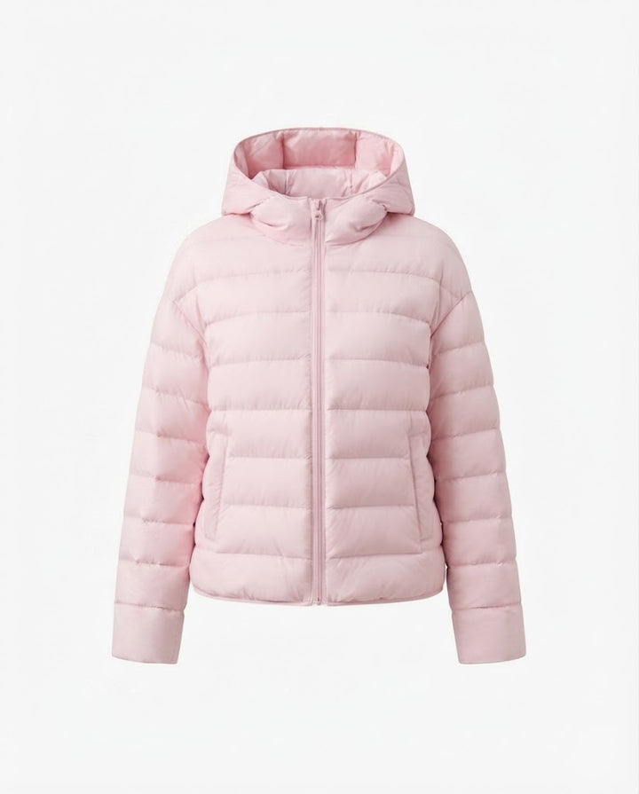 Damen nan minimalistischer kurzer thermo gesteppter Jacke mit ergonomischer Kapuze, maßgeschneidertem Nahtdesign und winddichtem Außenmaterial