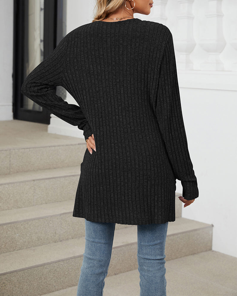 Drune | Lässiger Einfarbiger Cardigan mit Langen Ärmeln und Tasche