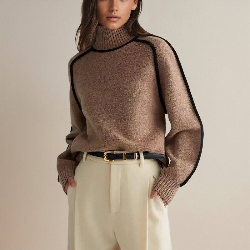 Drune | Pullover - Frauen Herbst Übergröße Rollkragenpullover mit Kontrastärmelbesatz