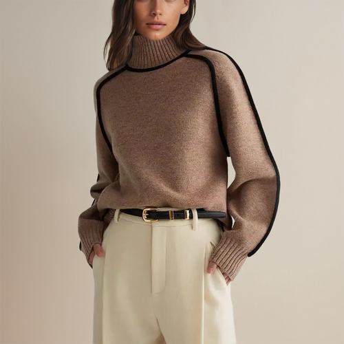 Drune | Pullover - Frauen Herbst Übergröße Rollkragenpullover mit Kontrastärmelbesatz