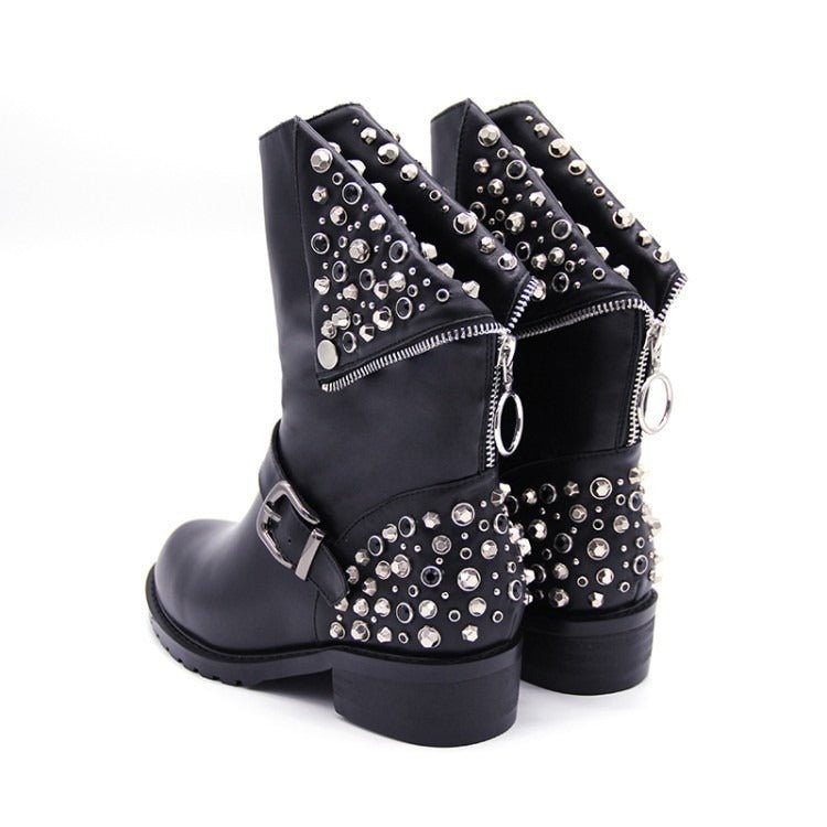 Drune | Bikerstiefel Für Damen Mit Schnalle - Silberne Nieten