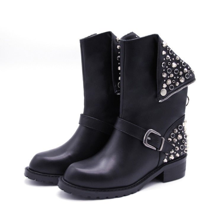 Drune | Bikerstiefel Für Damen Mit Schnalle - Silberne Nieten