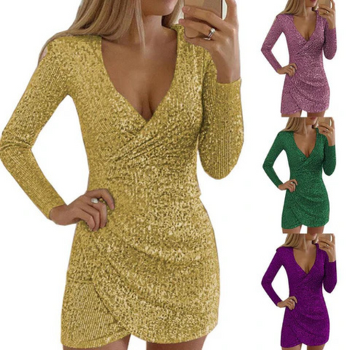 Drune | Damen Pailletten Wickelkleid Mini