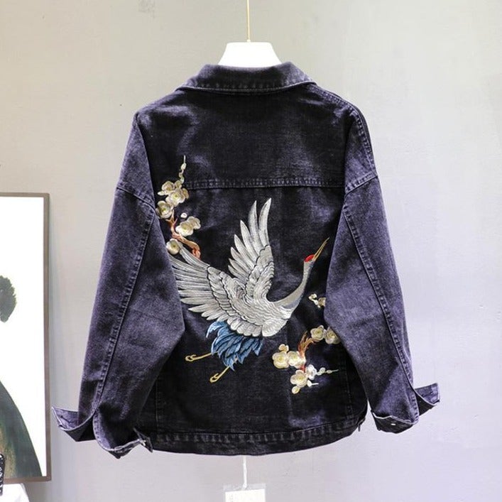 Drune | Damen-Jeansjacke mit Kranichaufdruck
