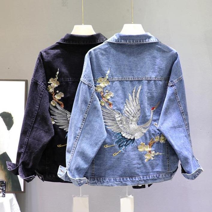 Drune | Damen-Jeansjacke mit Kranichaufdruck