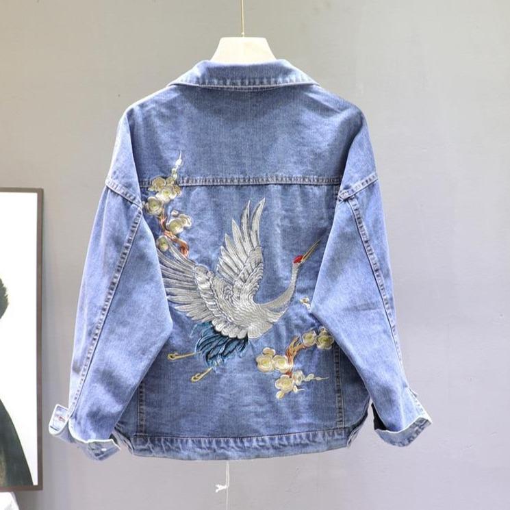 Drune | Damen-Jeansjacke mit Kranichaufdruck