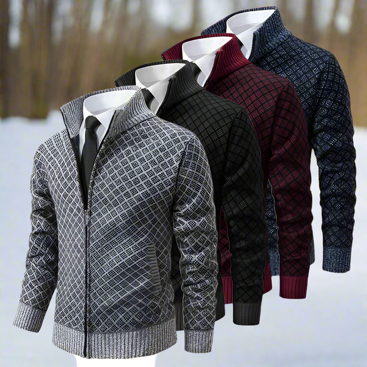 Drune | Strickjacke Reißverschluss Hoher Kragen Modernes Karomuster Bequeme Passform