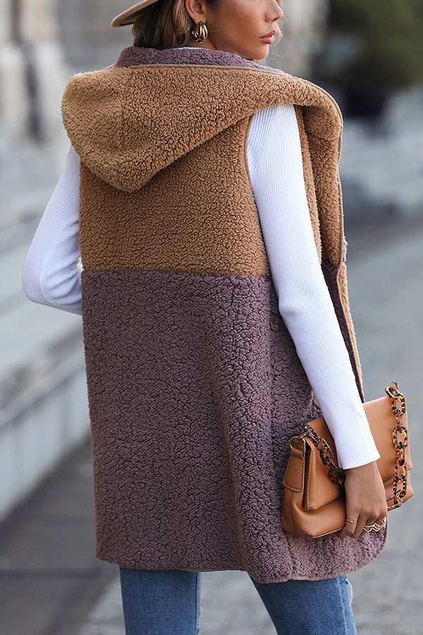Drune | Ärmelloser Colorblock-Taschenloser Mid-Length Cardigan Puff-Velours-Jacke