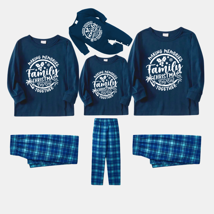 Drune | Weihnachts Erinnerungen Gemeinsam 2025 Druck Blau Langarmoberteil Mit Blauem Karomuster Matching Familienpyjama