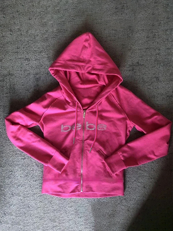 Drune | Barbie rosa Buchstaben Strassdruck Hoodie mit Reißverschluss