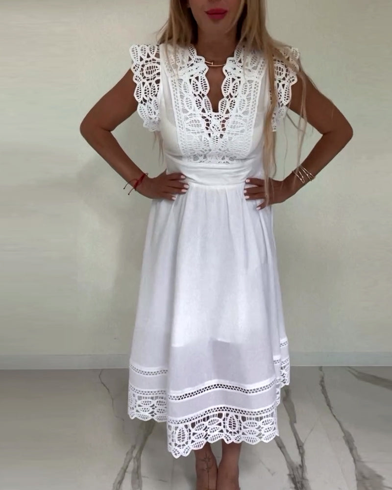 Drune | Elegantes Ärmelloses Kleid aus Einfarbiger Spitze mit V-Ausschnitt