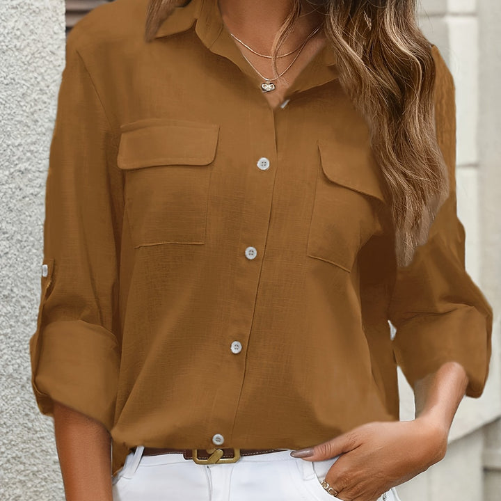 Drune | Elegante Damen Baumwollbluse mit Taschen und Langen Ärmeln