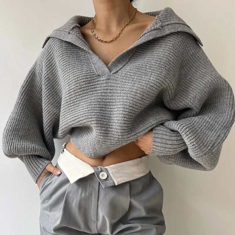 Drune | Cozy knitted sweater with lantern sleeves and open collar