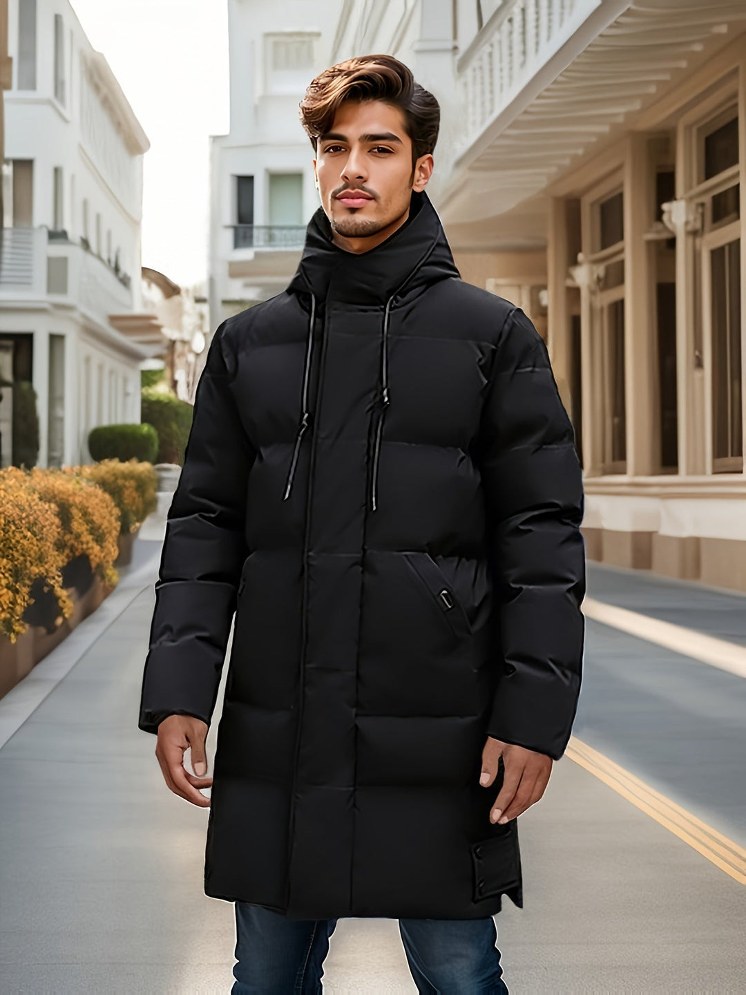 Drune | Mittellange Kapuzen Puffer Nicht-Dehnbar Reißverschlussleiste Winterjacke Für Herren - Perfekt für Outdoor-Aktivitäten
